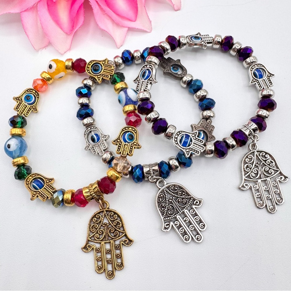Evil Eye Bead Hamsa Hand Charm Stretch Bracelet Festival Yoga Ethnic Eclectic